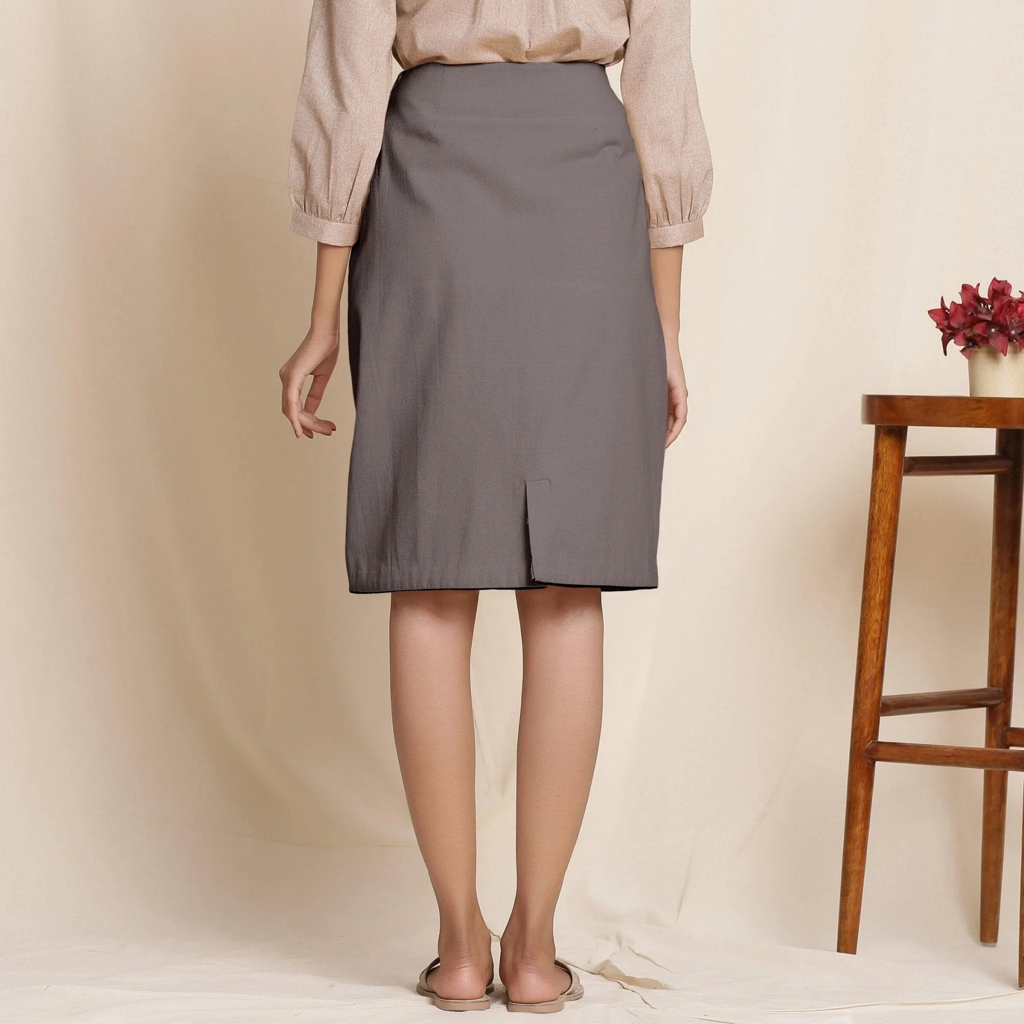 Ash Grey Warm Cotton Flannel Knee-Length Pencil Skirt