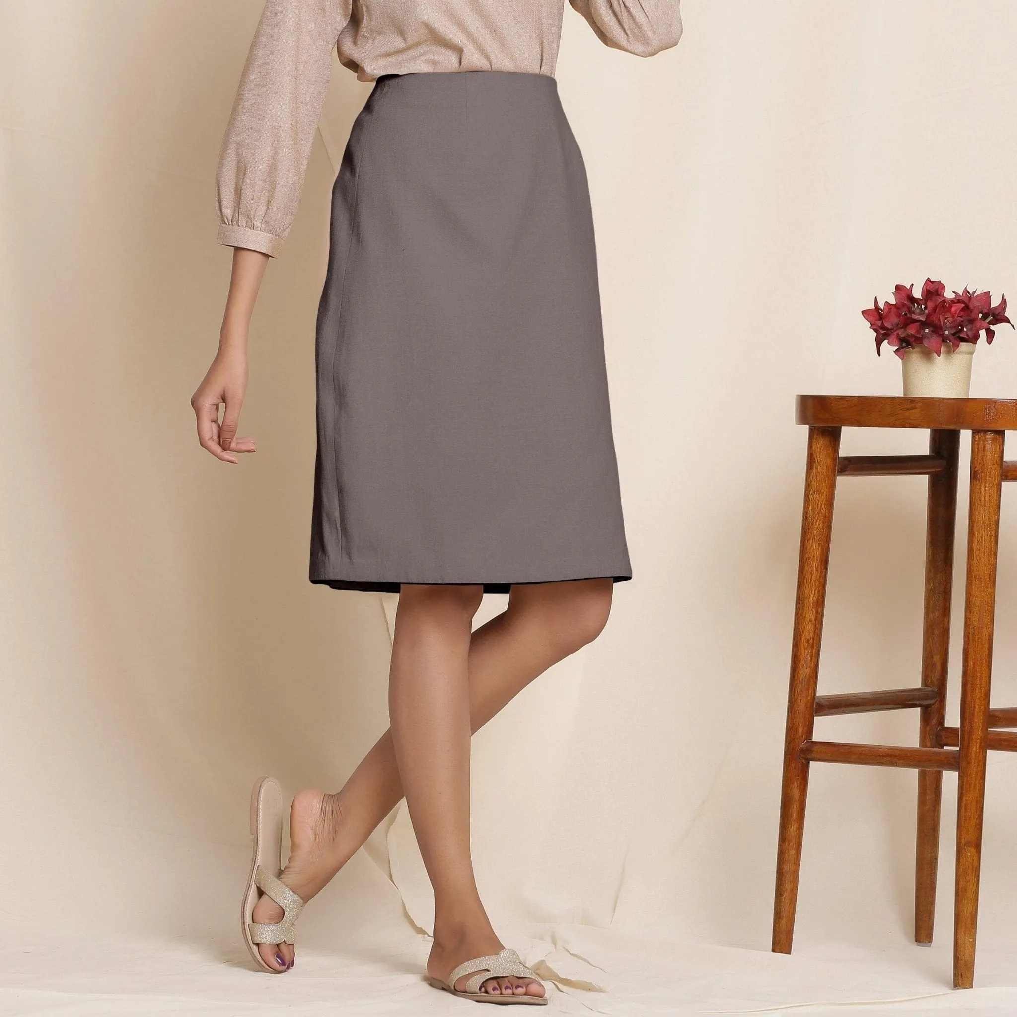 Ash Grey Warm Cotton Flannel Knee-Length Pencil Skirt