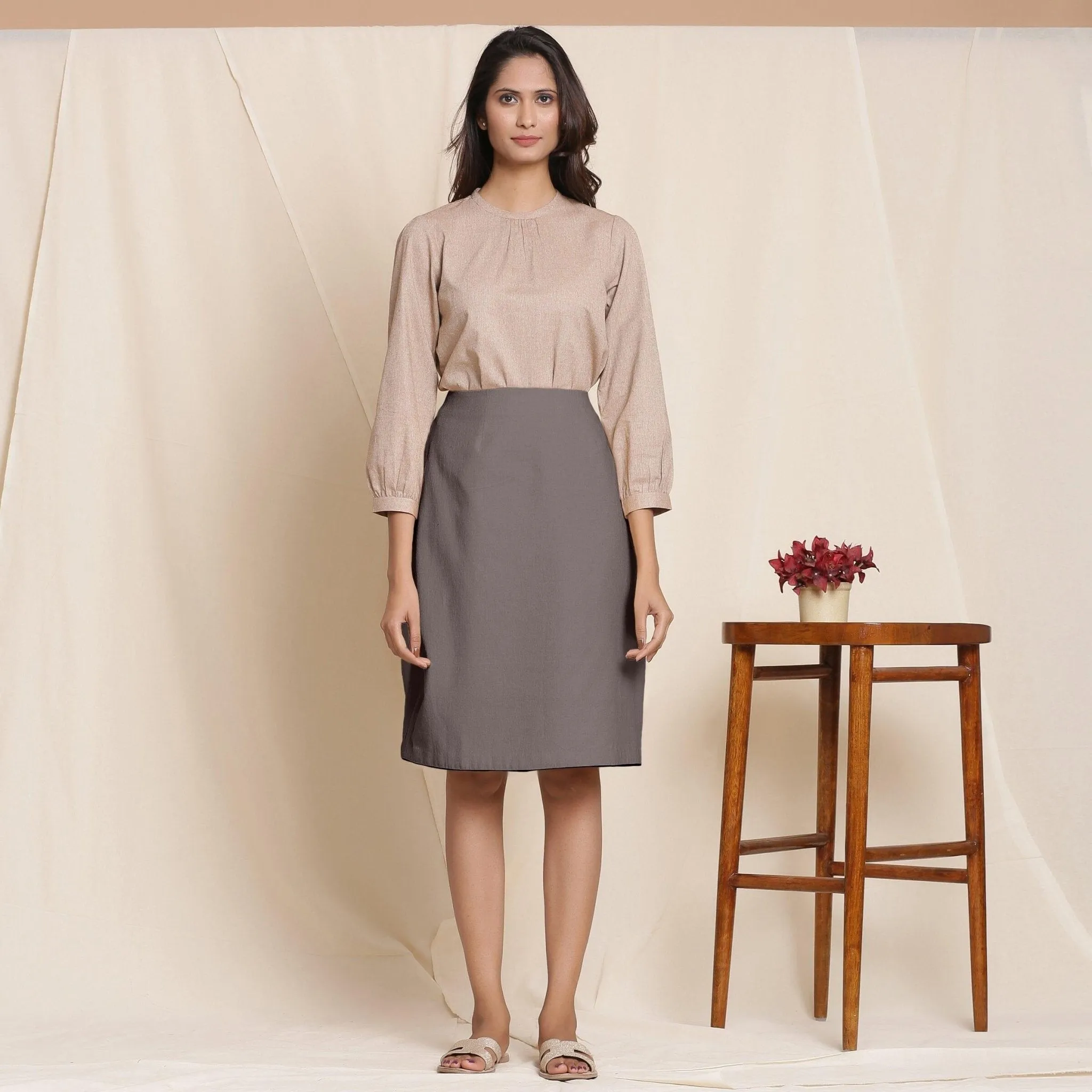 Ash Grey Warm Cotton Flannel Knee-Length Pencil Skirt