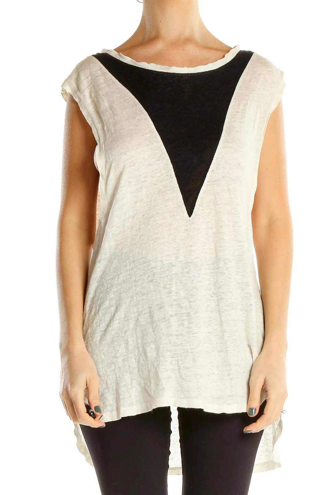 Beige Tank Top With Black Neckline Panel