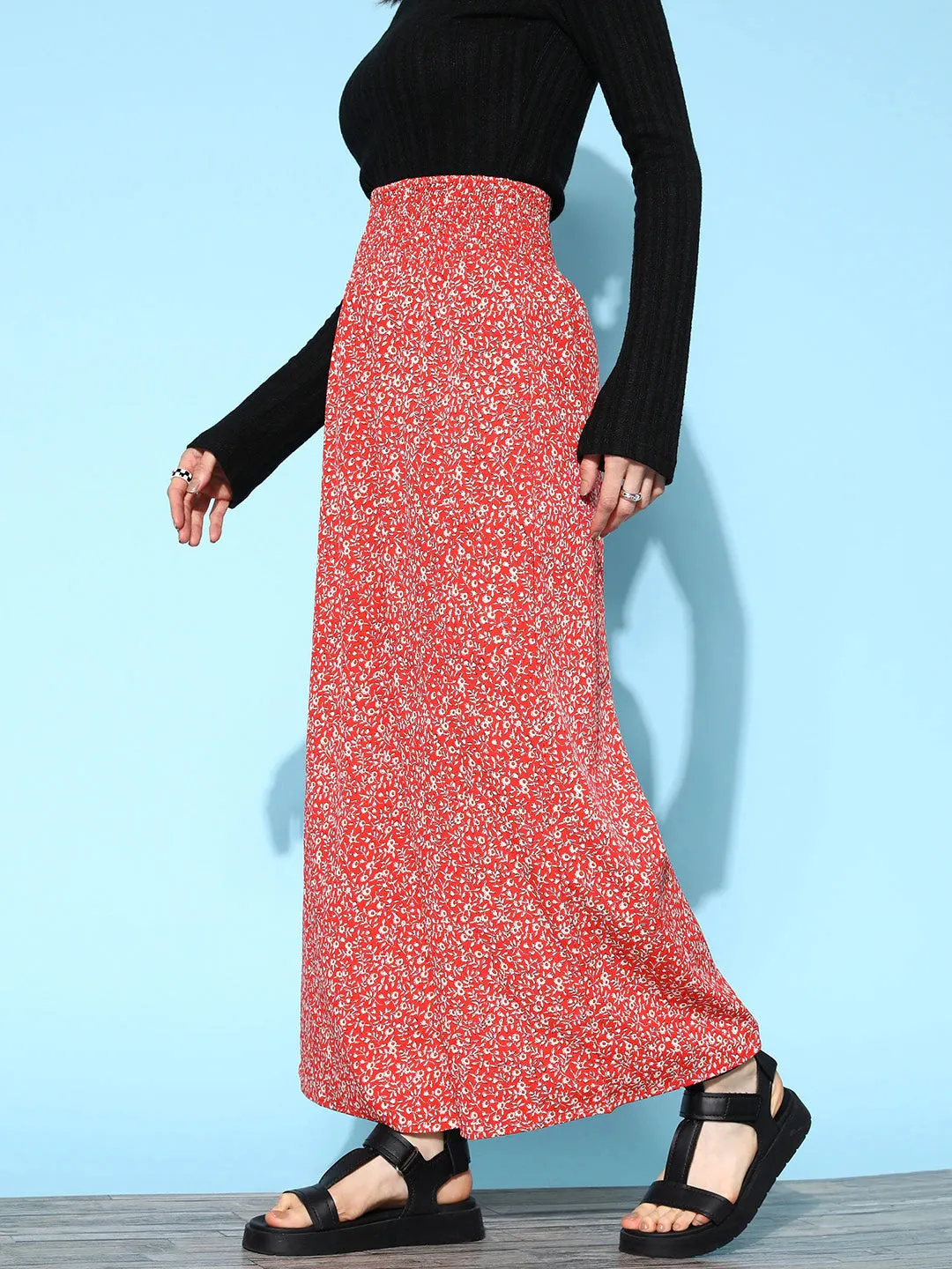 Berrylush Women Red & White Ditsy Floral Printed High-Rise Waist Slip-On Flared Regular Trousers