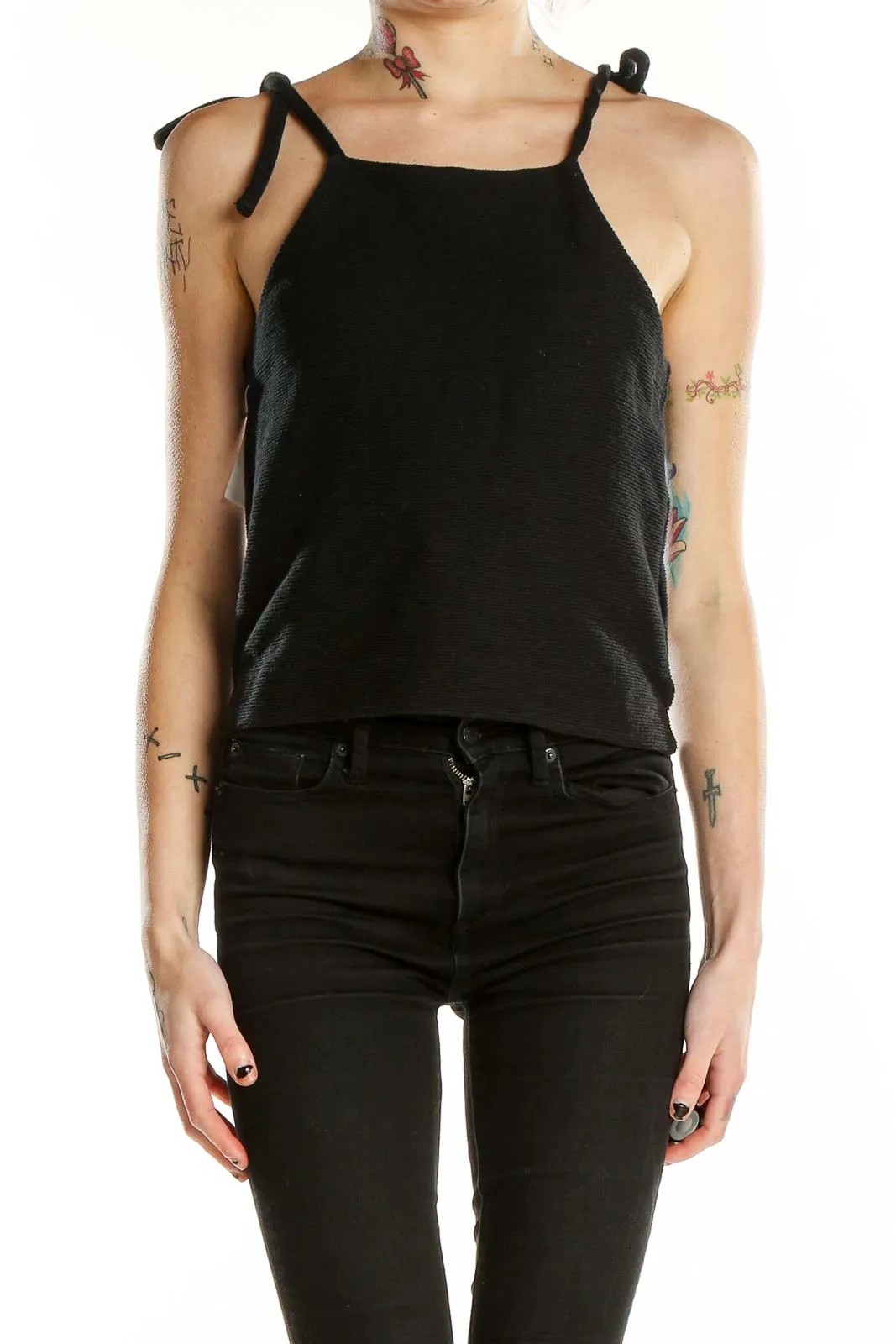 Black Cotton Tie-Strap Cropped Tank Top