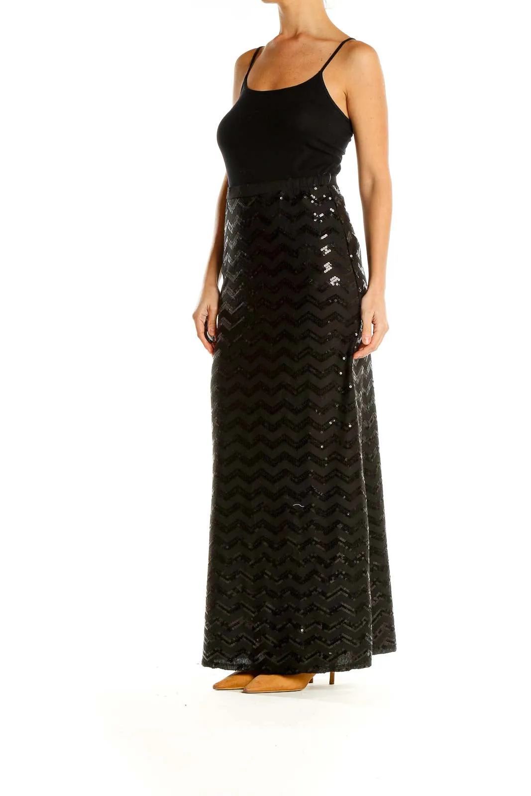 Black Sequin Chevron Maxi Skirt