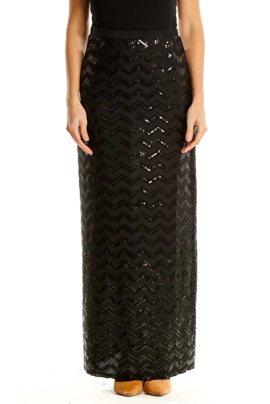 Black Sequin Chevron Maxi Skirt