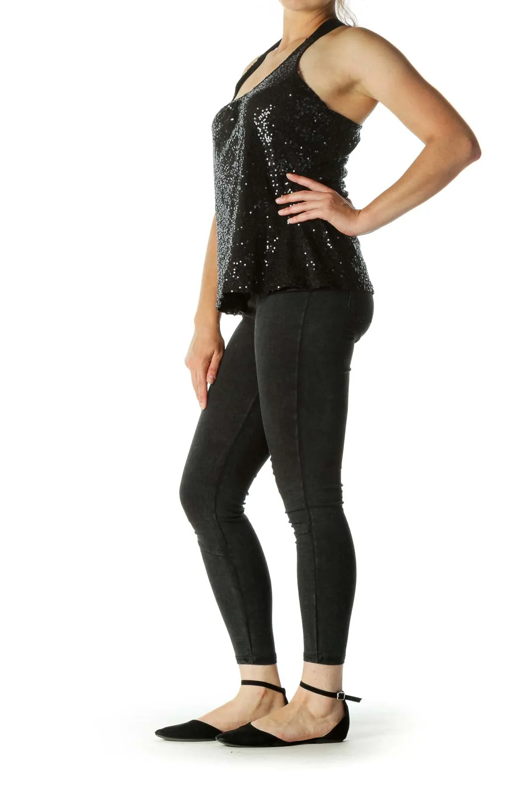 Black Sequined Thin Racerback Tank Tops