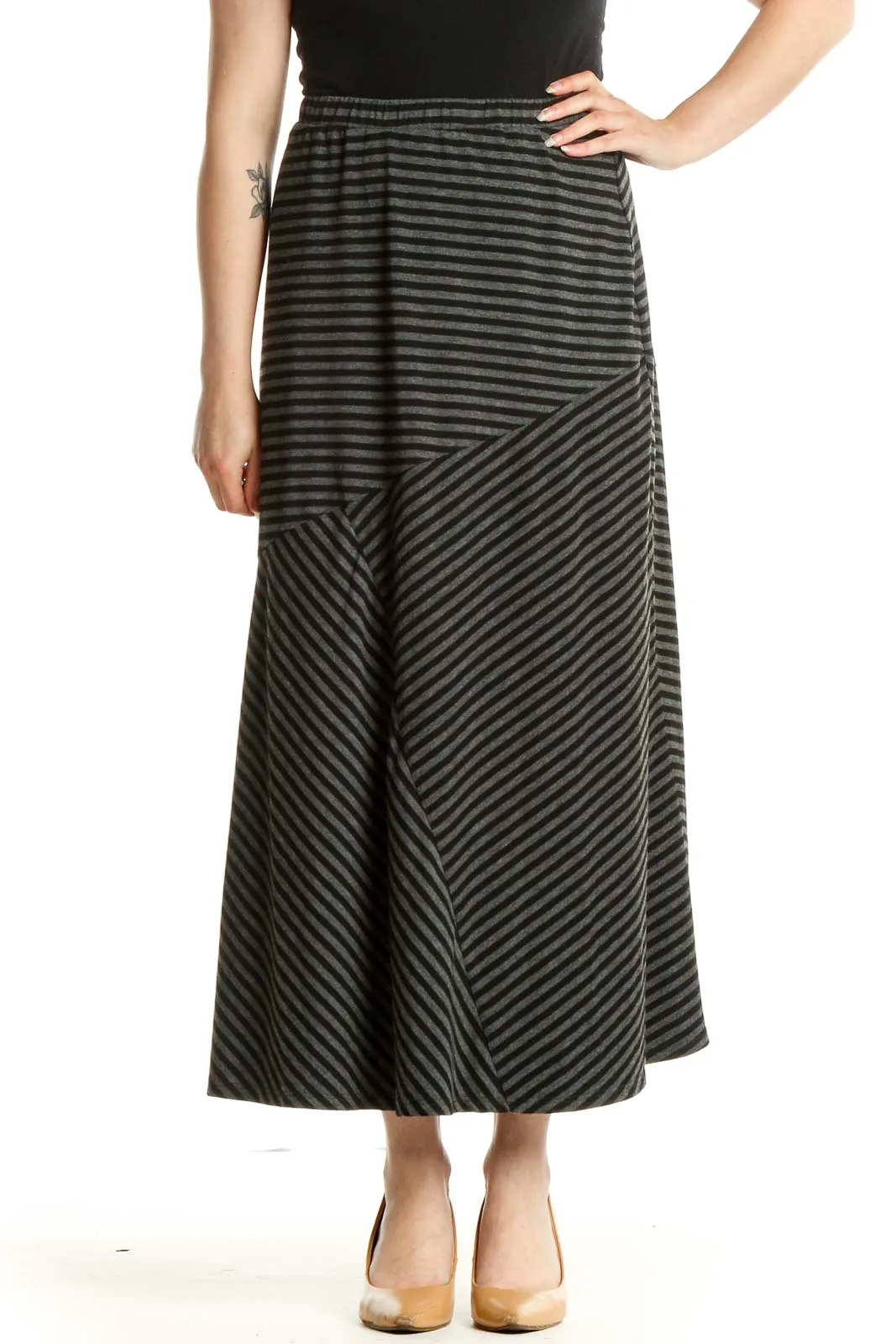 Black Striped Casual Maxi Skirt