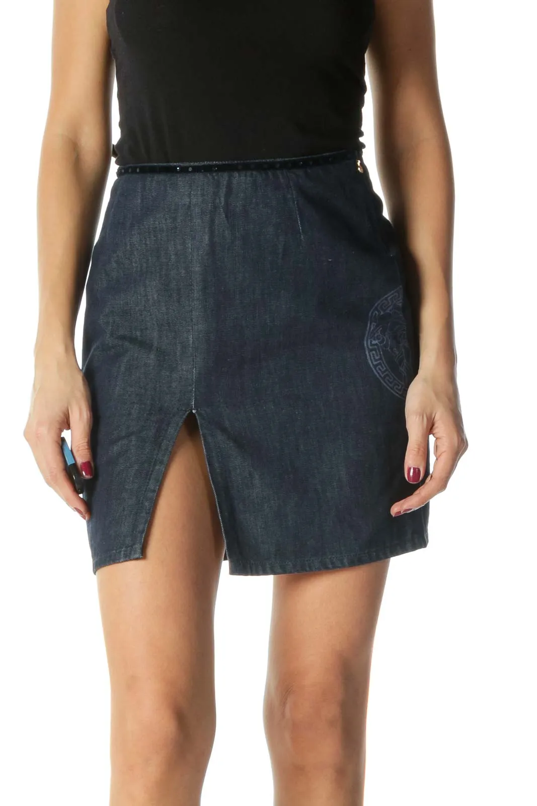 Blue Denim Slitted Bejeweled Waist Mini Skirt