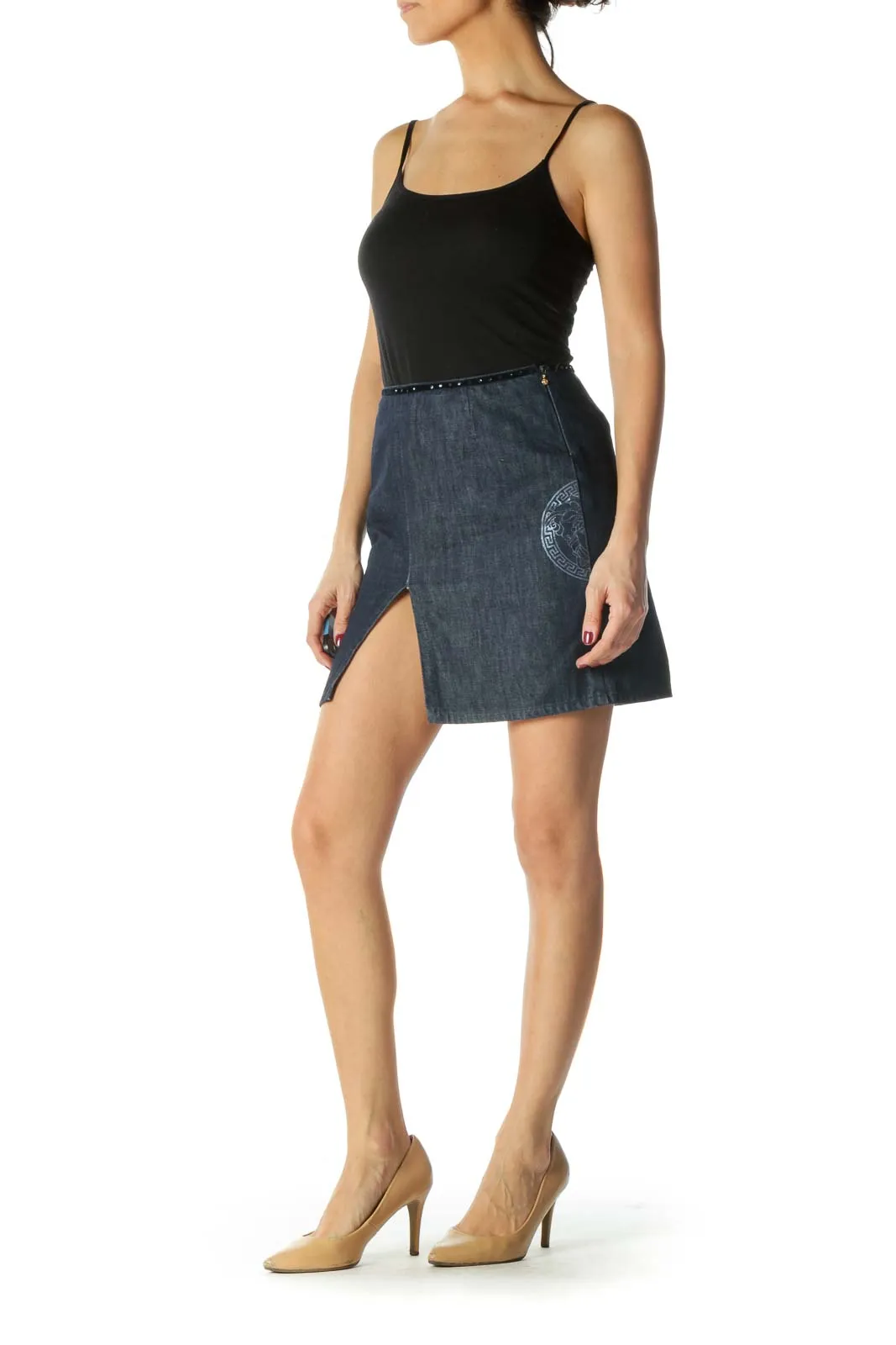 Blue Denim Slitted Bejeweled Waist Mini Skirt