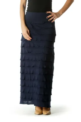 Blue High- Waisted Ruffled Stretch Maxi Skirt