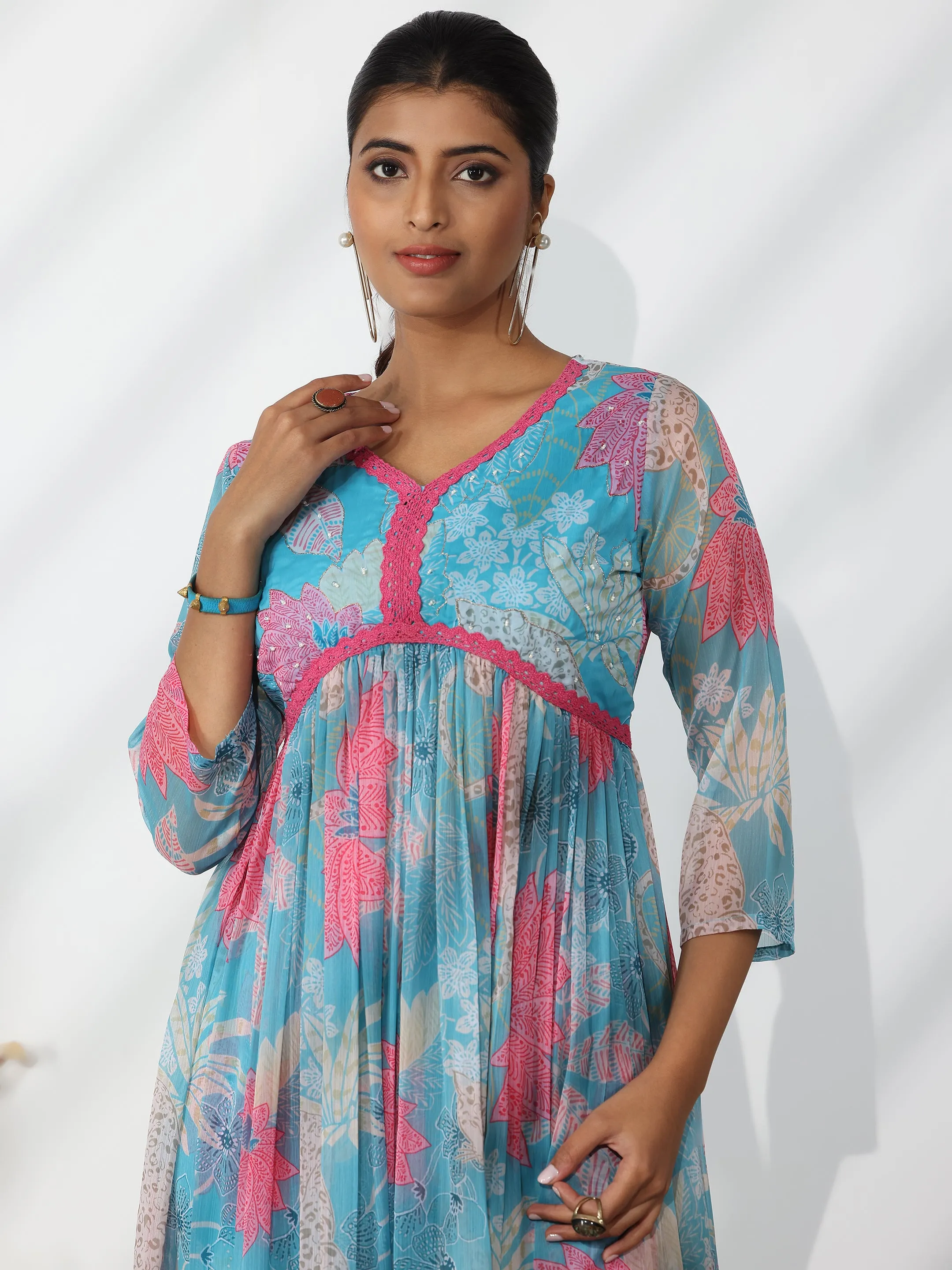 Blue Printed Poly Chiffon A-Line Kurta With Palazzos & Dupatta