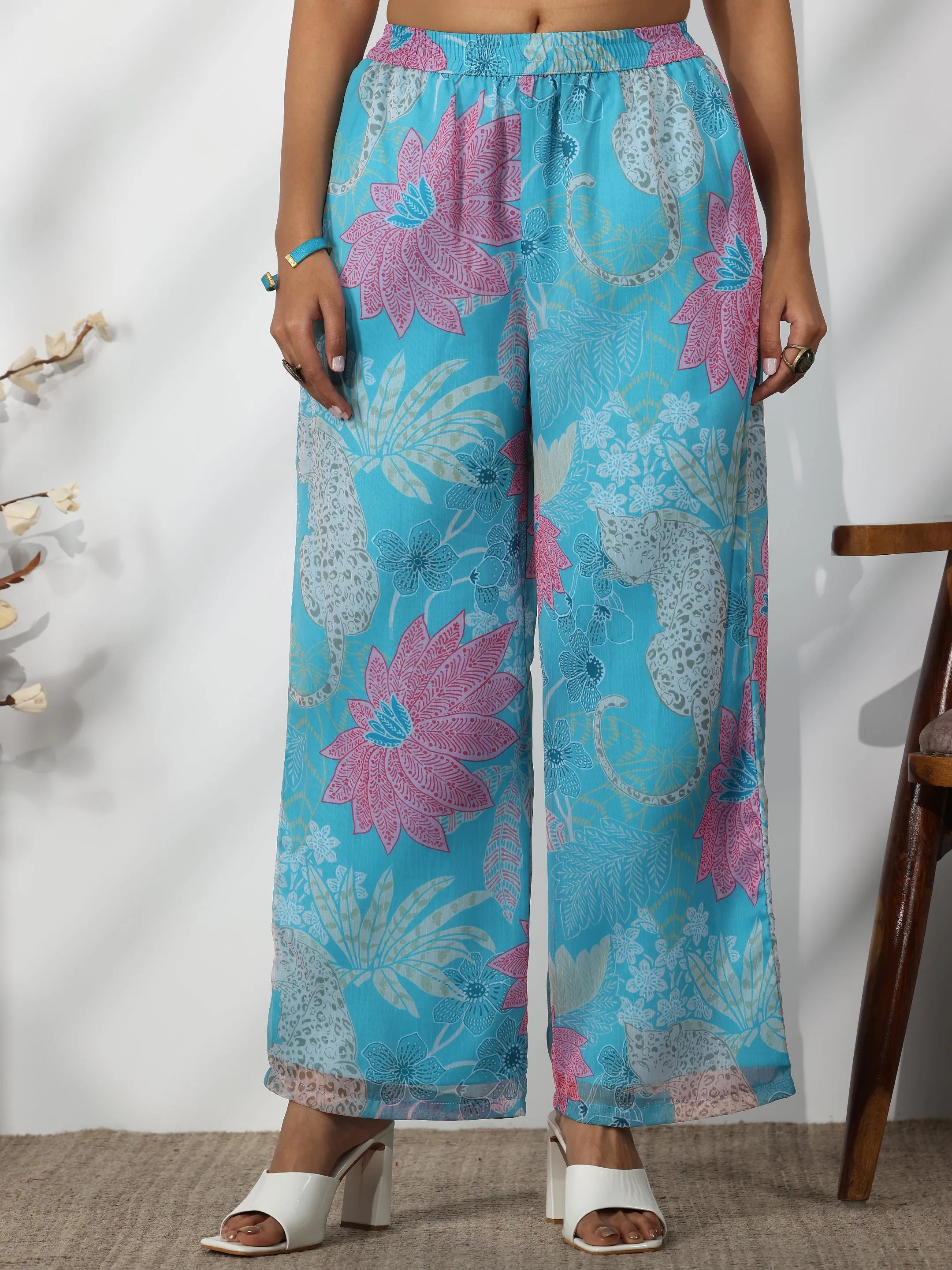 Blue Printed Poly Chiffon A-Line Kurta With Palazzos & Dupatta