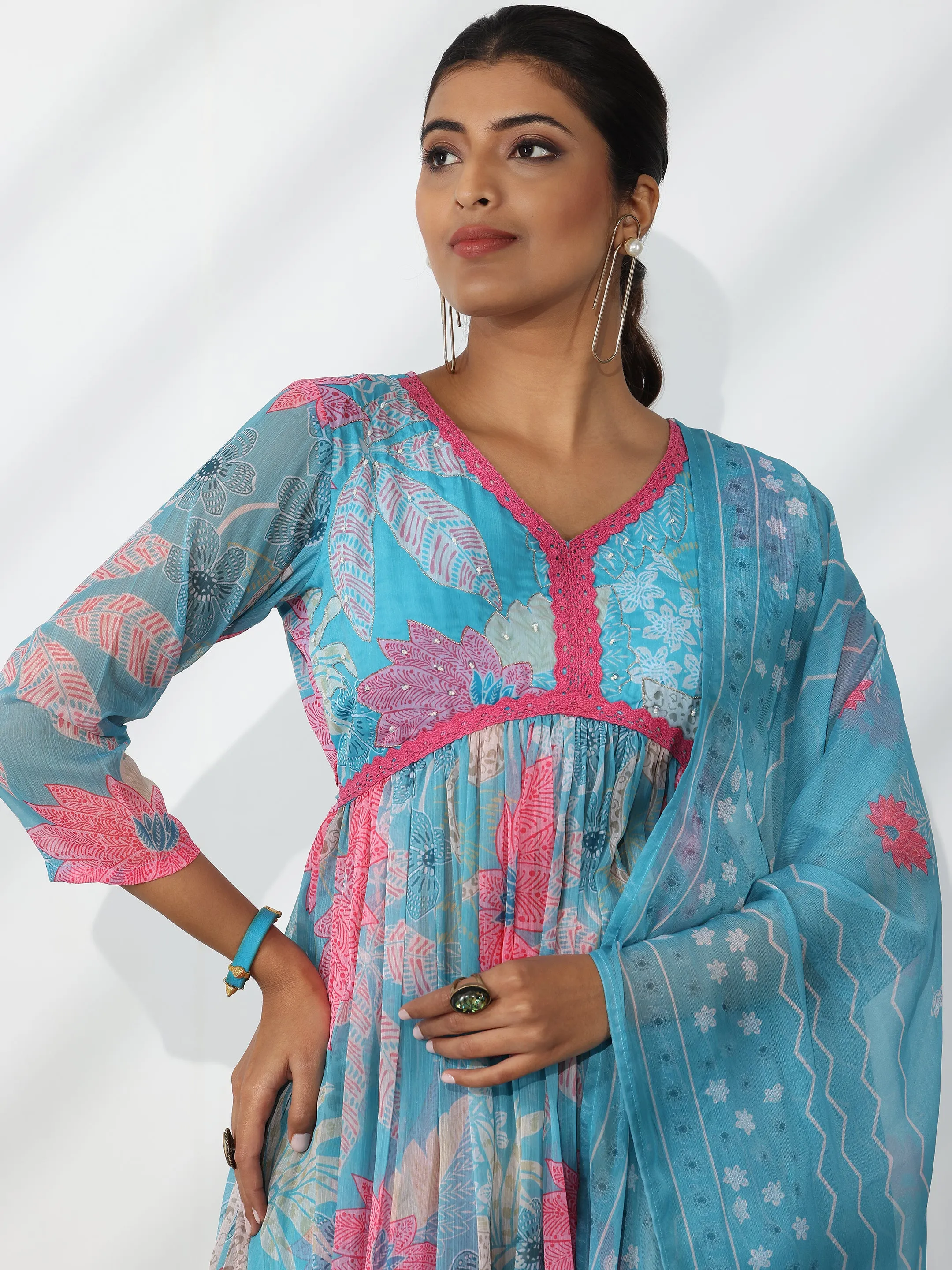 Blue Printed Poly Chiffon A-Line Kurta With Palazzos & Dupatta