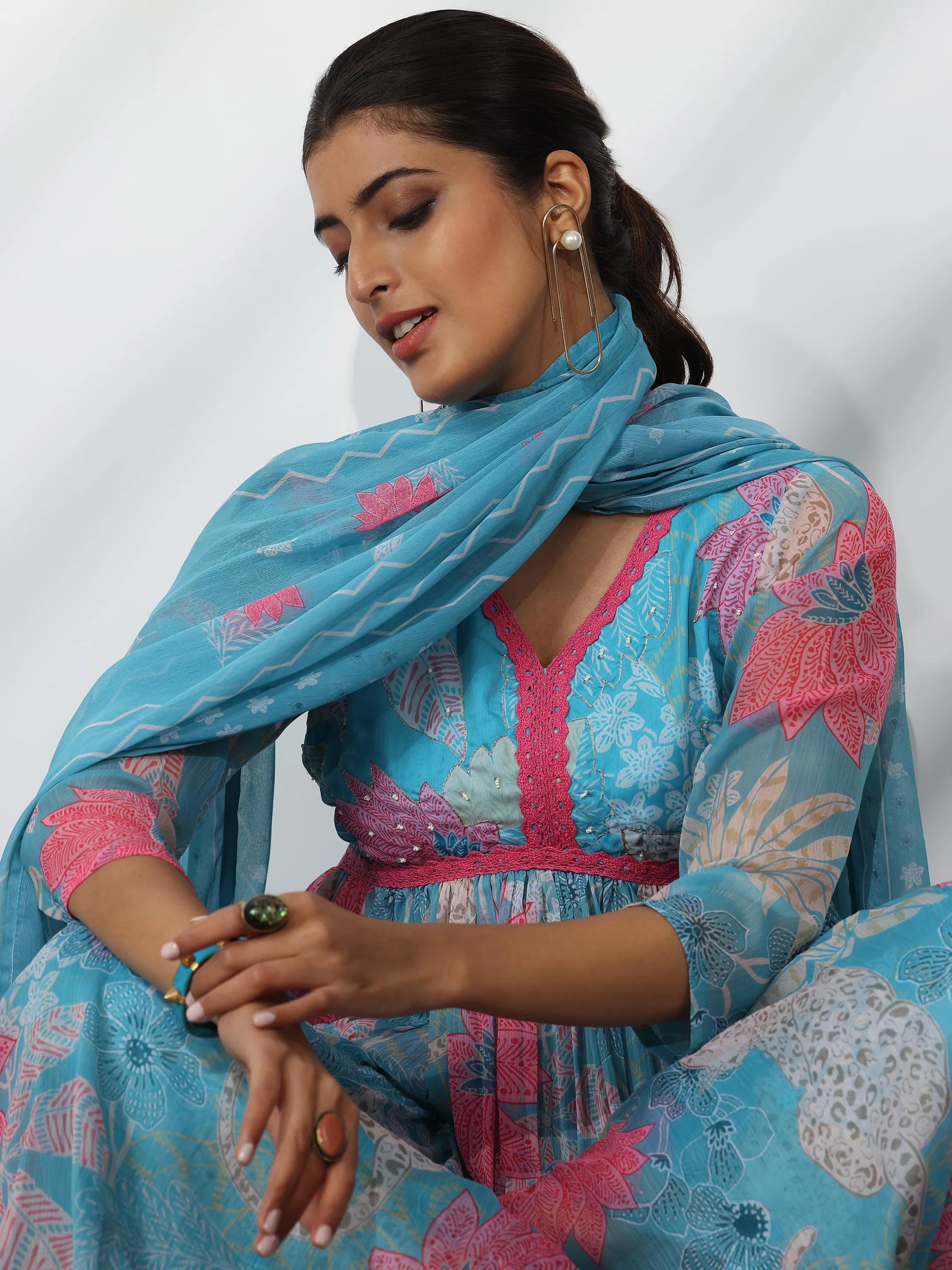 Blue Printed Poly Chiffon A-Line Kurta With Palazzos & Dupatta