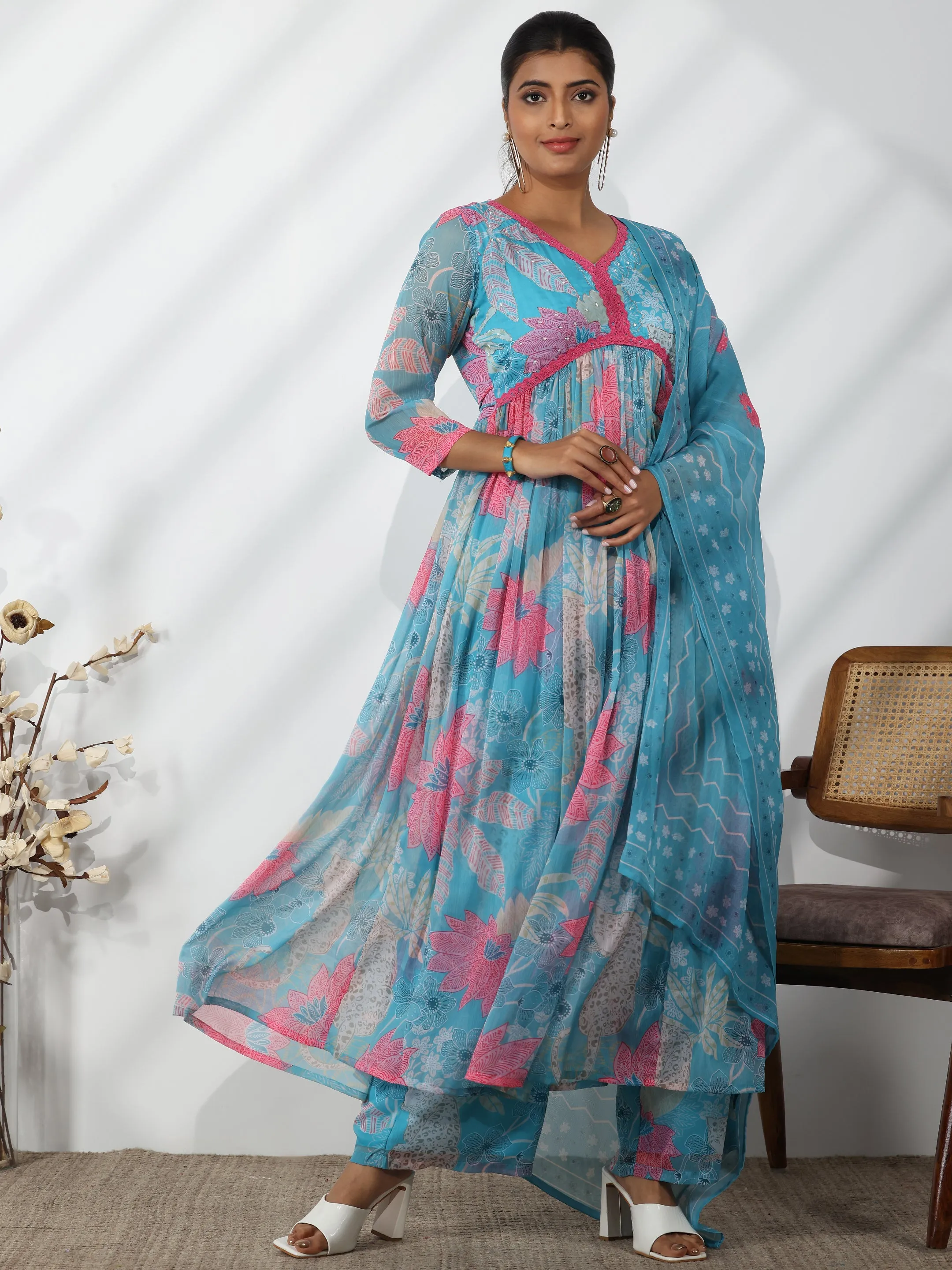 Blue Printed Poly Chiffon A-Line Kurta With Palazzos & Dupatta