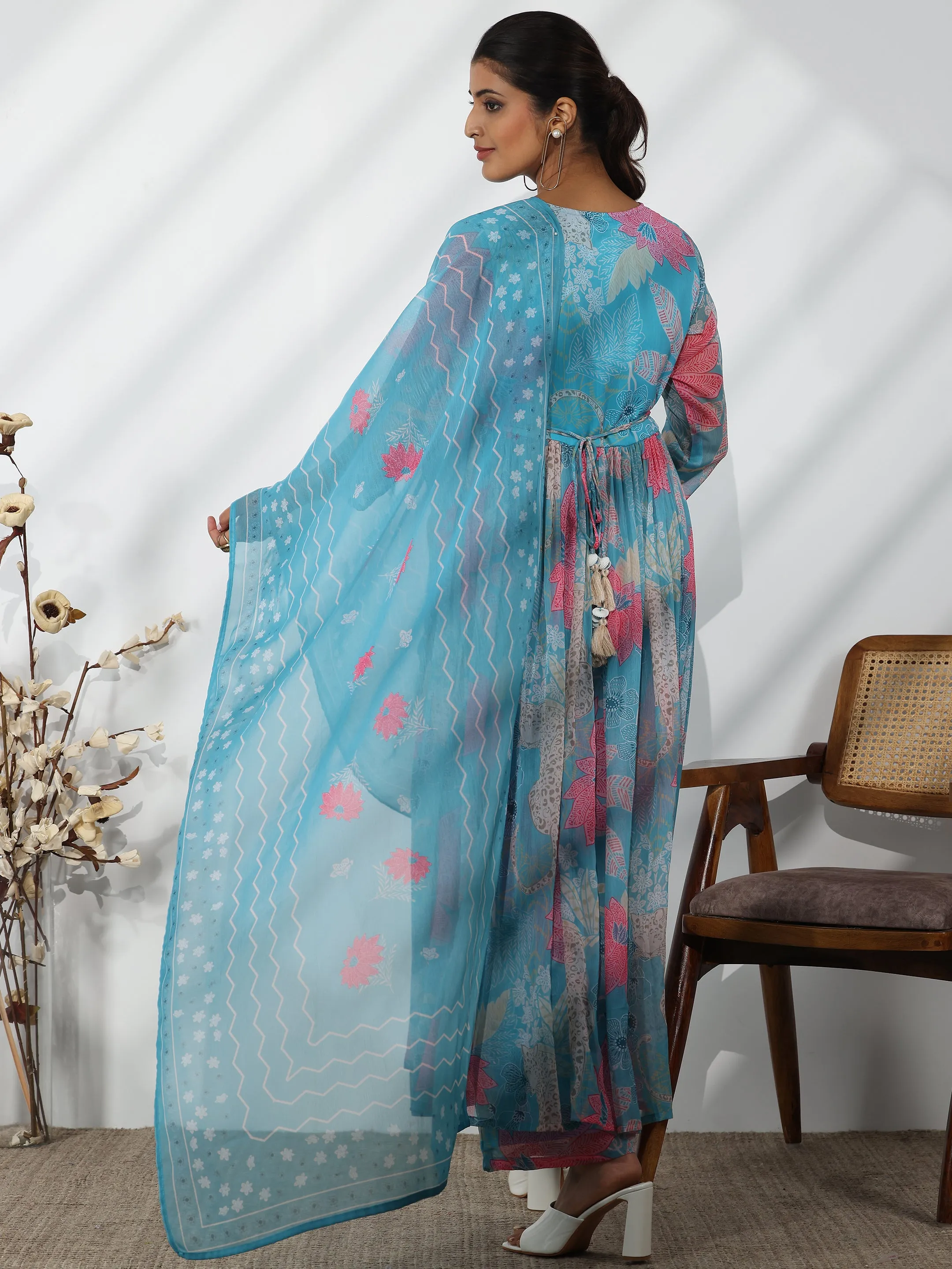 Blue Printed Poly Chiffon A-Line Kurta With Palazzos & Dupatta