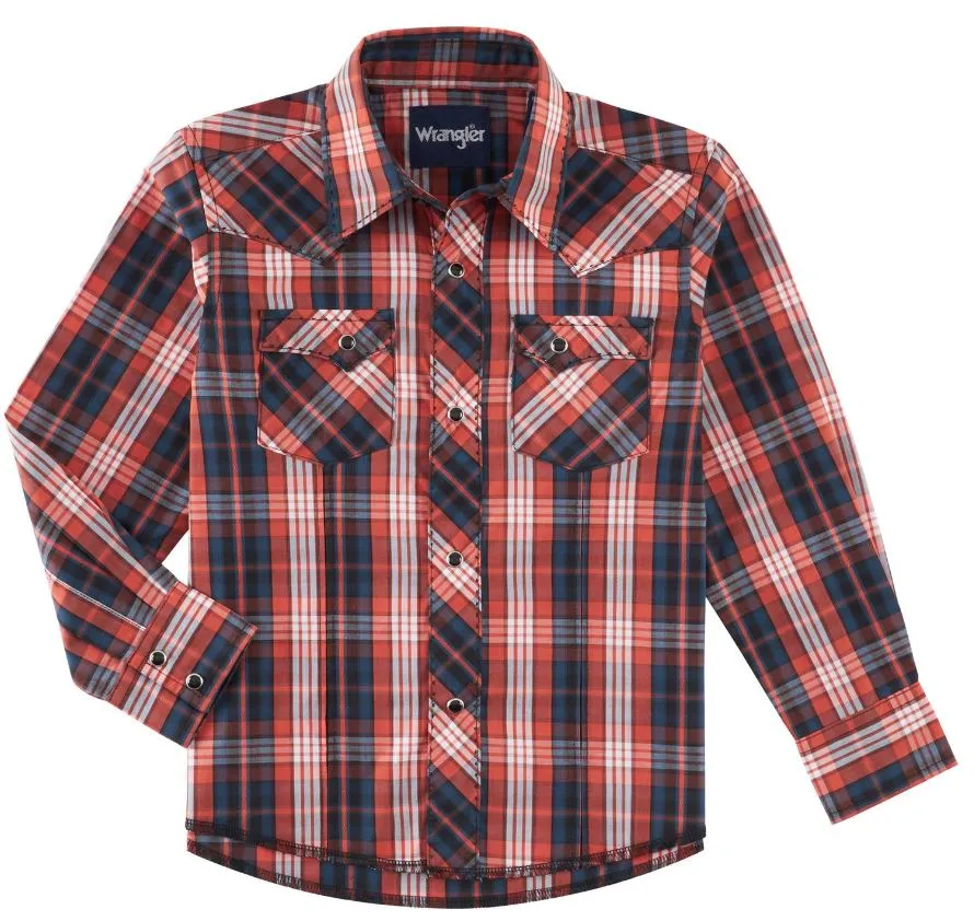 Boy's Wrangler Navy/Orange Plaid Snap Shirt