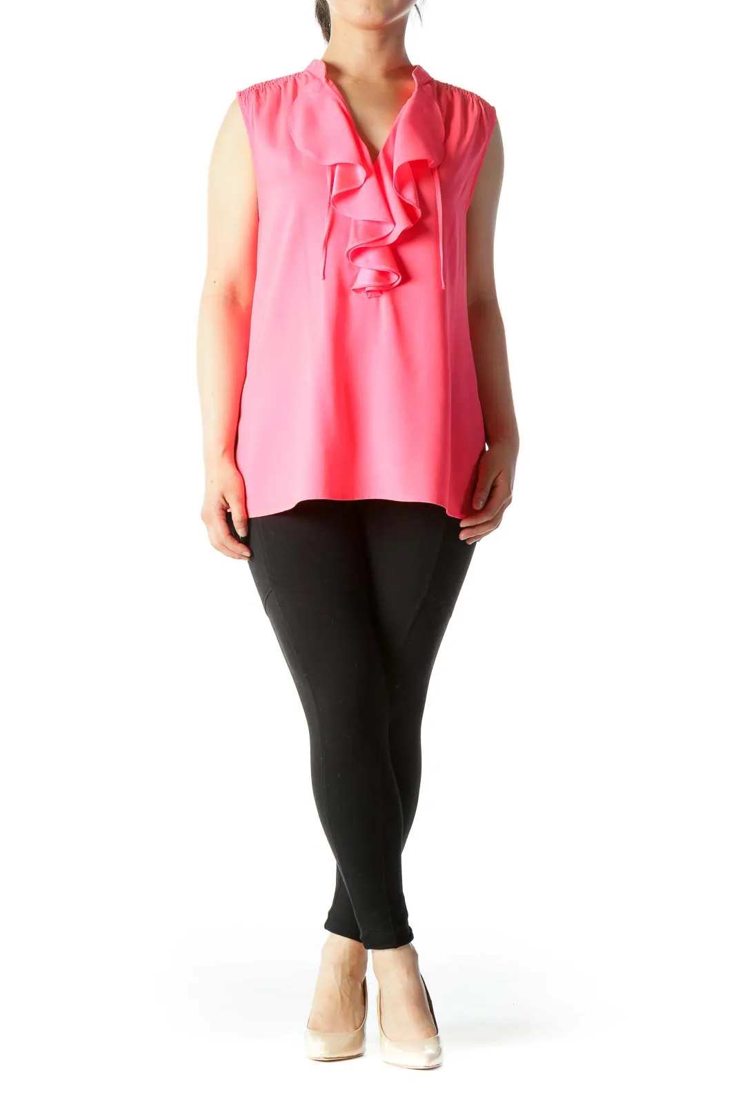 Bright Pink Ruffled V-Neck Stretch Tank Top