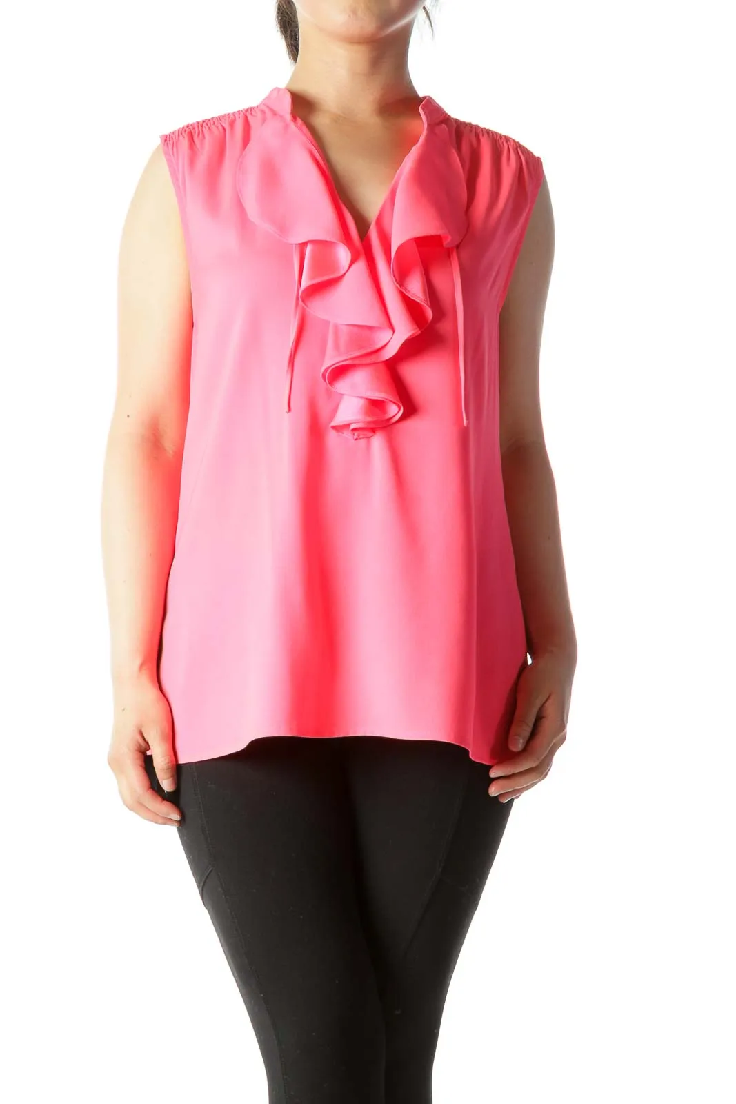 Bright Pink Ruffled V-Neck Stretch Tank Top