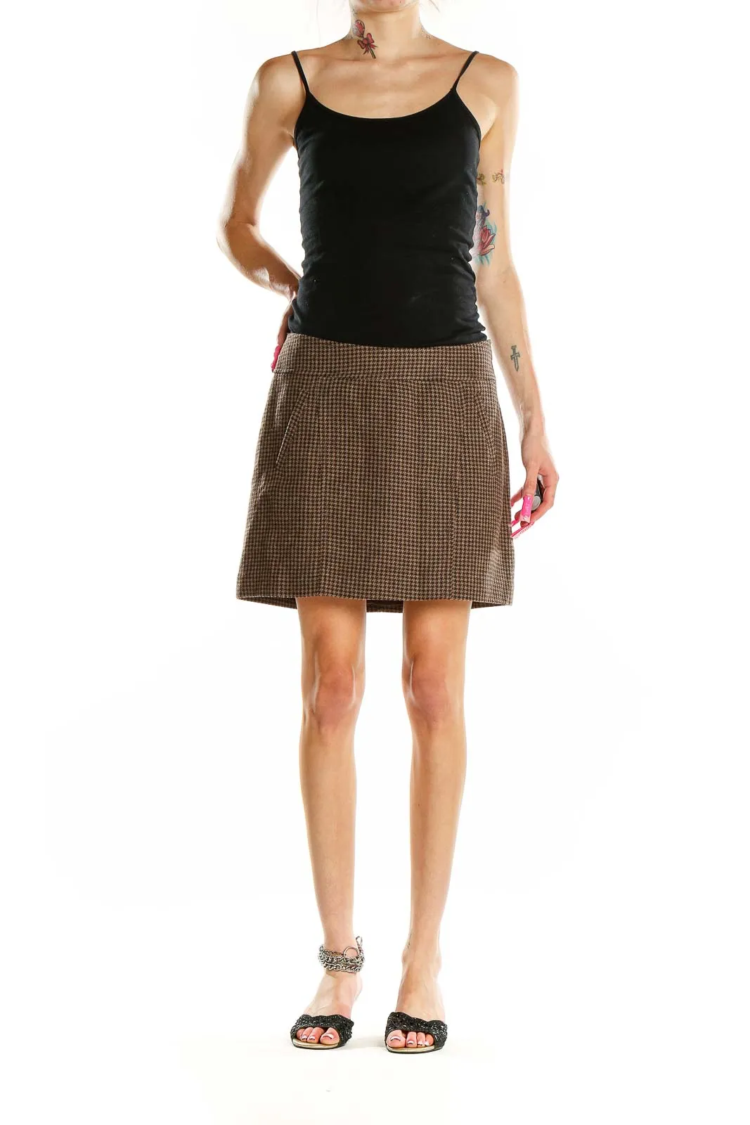 Brown Houndstooth A-Line Mini Skirt