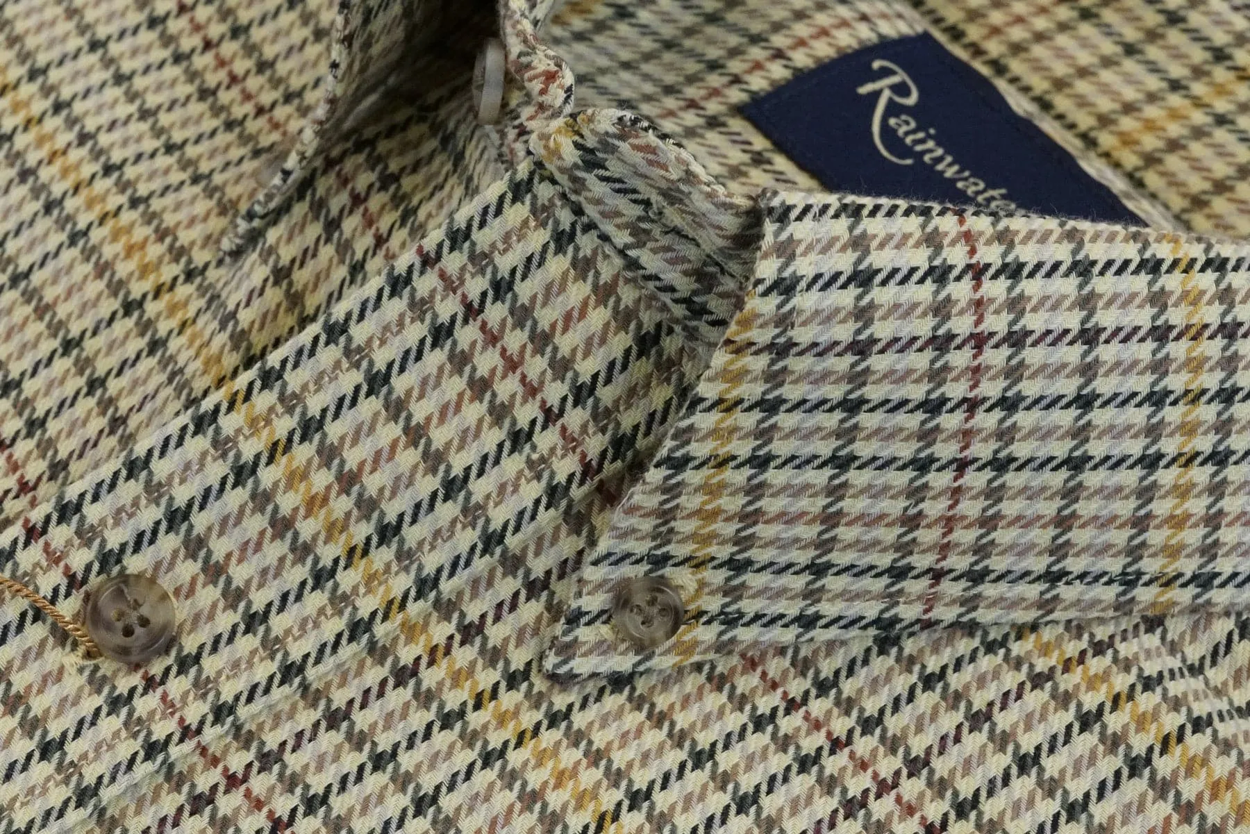 Camel and Dark Olive Herringbone Check Plaid Button Down in Cotton & Wool by Rainwater's