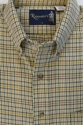 Camel and Dark Olive Herringbone Check Plaid Button Down in Cotton & Wool by Rainwater's