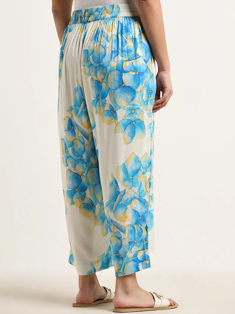 Diza Blue Floral Printed High-Rise Palazzos