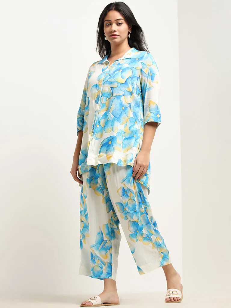 Diza Blue Floral Printed High-Rise Palazzos