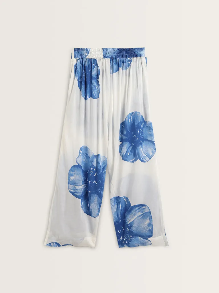 Diza Blue Floral Printed High-Rise Palazzos