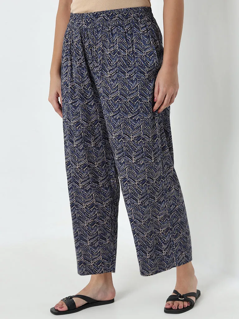 Diza Indigo Leaf Printed High-Rise Palazzos