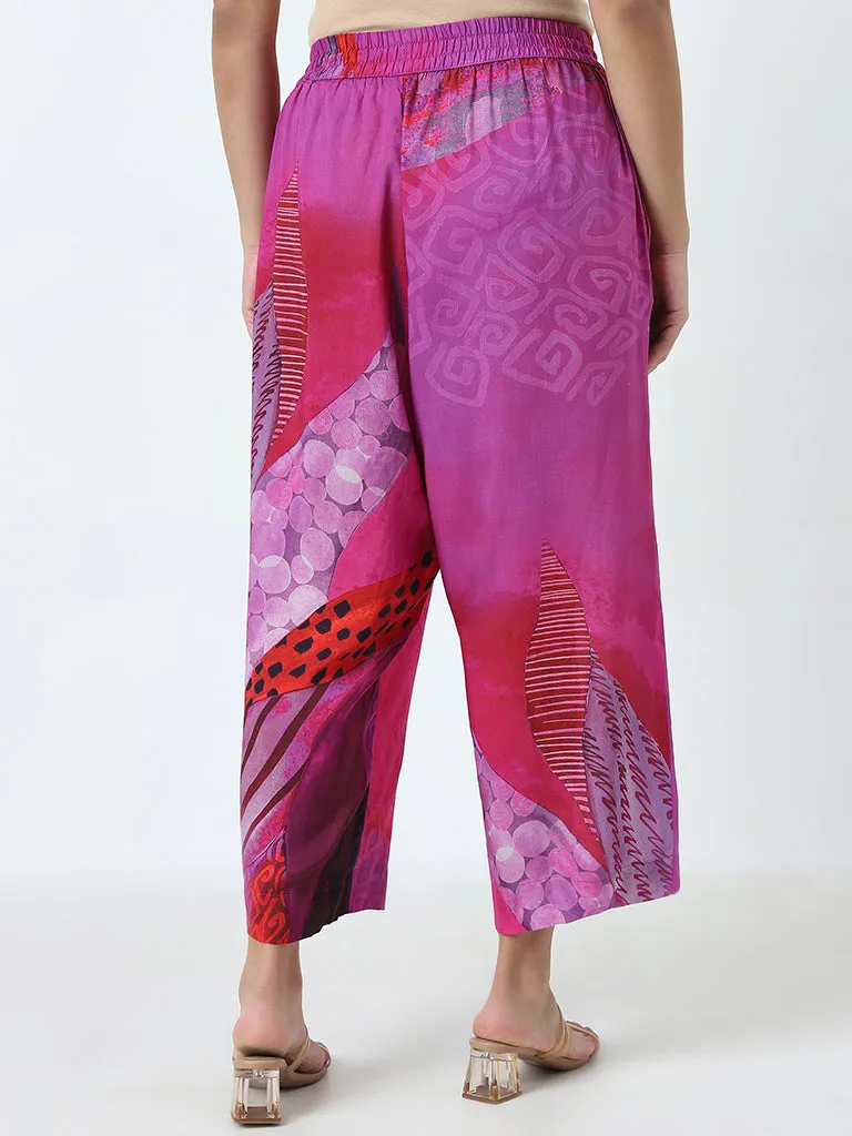 Diza Magenta Printed High-Rise Palazzos