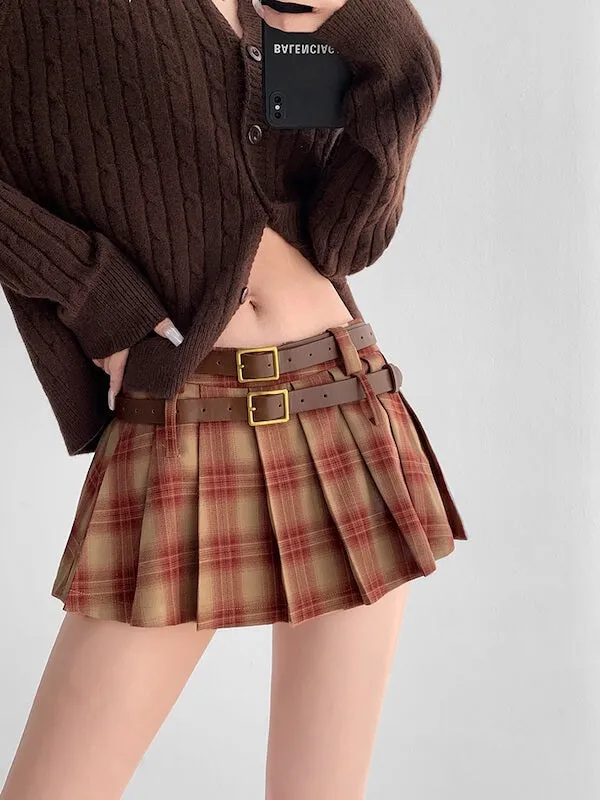 Double belt academia plaid mini skirt