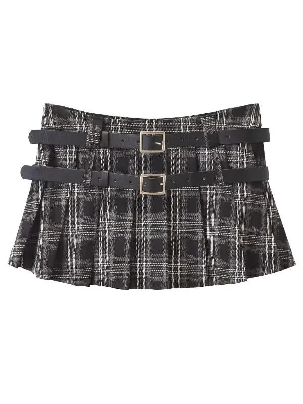 Double belt academia plaid mini skirt