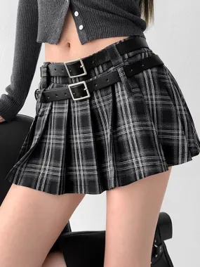 Double belt academia plaid mini skirt