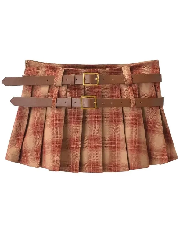 Double belt academia plaid mini skirt