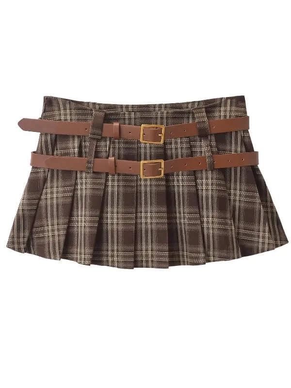 Double belt academia plaid mini skirt