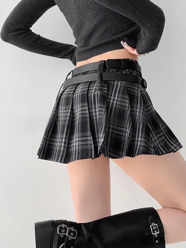 Double belt academia plaid mini skirt