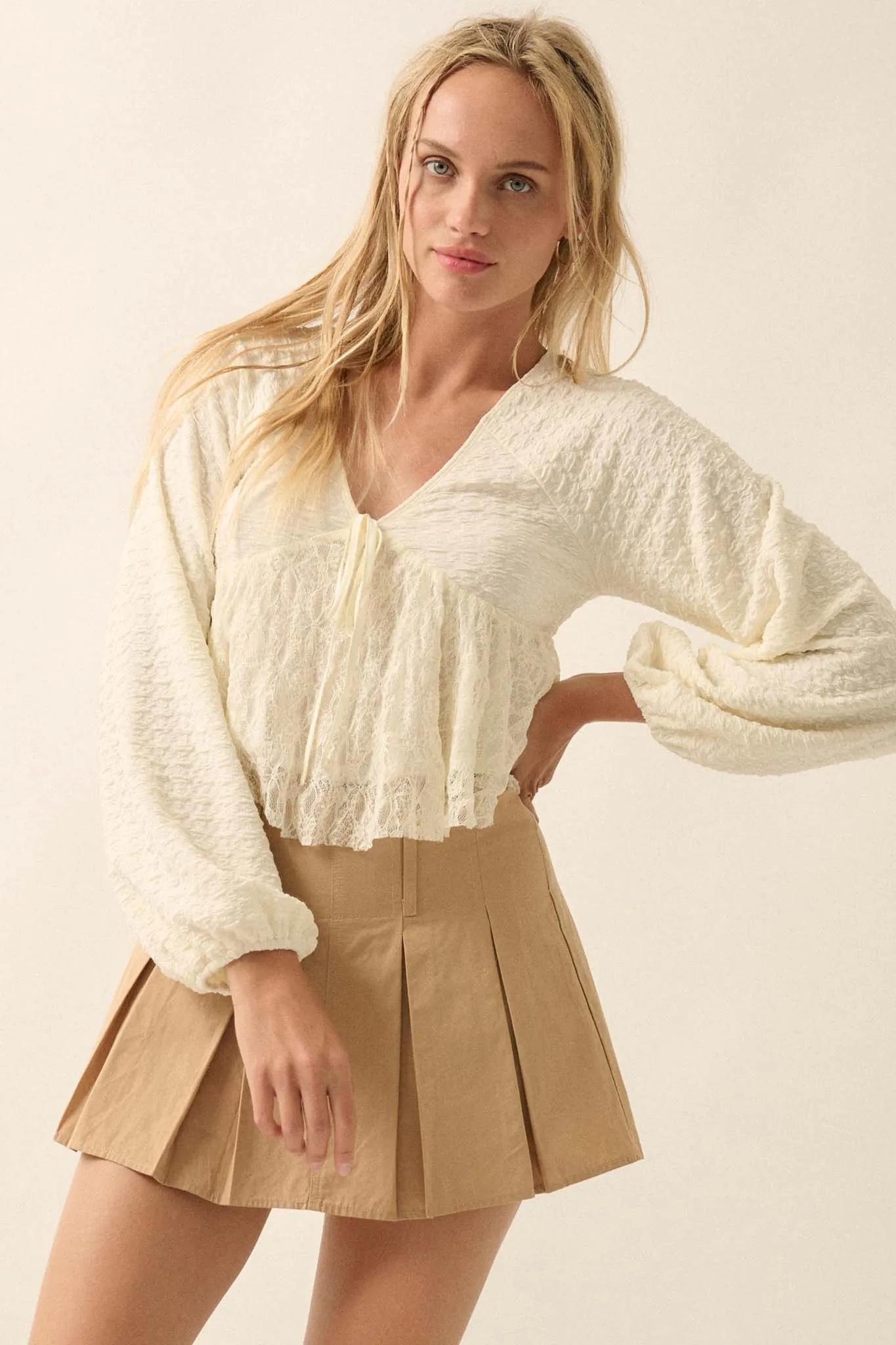 Dream Dolly Lace Ruffle Textured Peasant Top