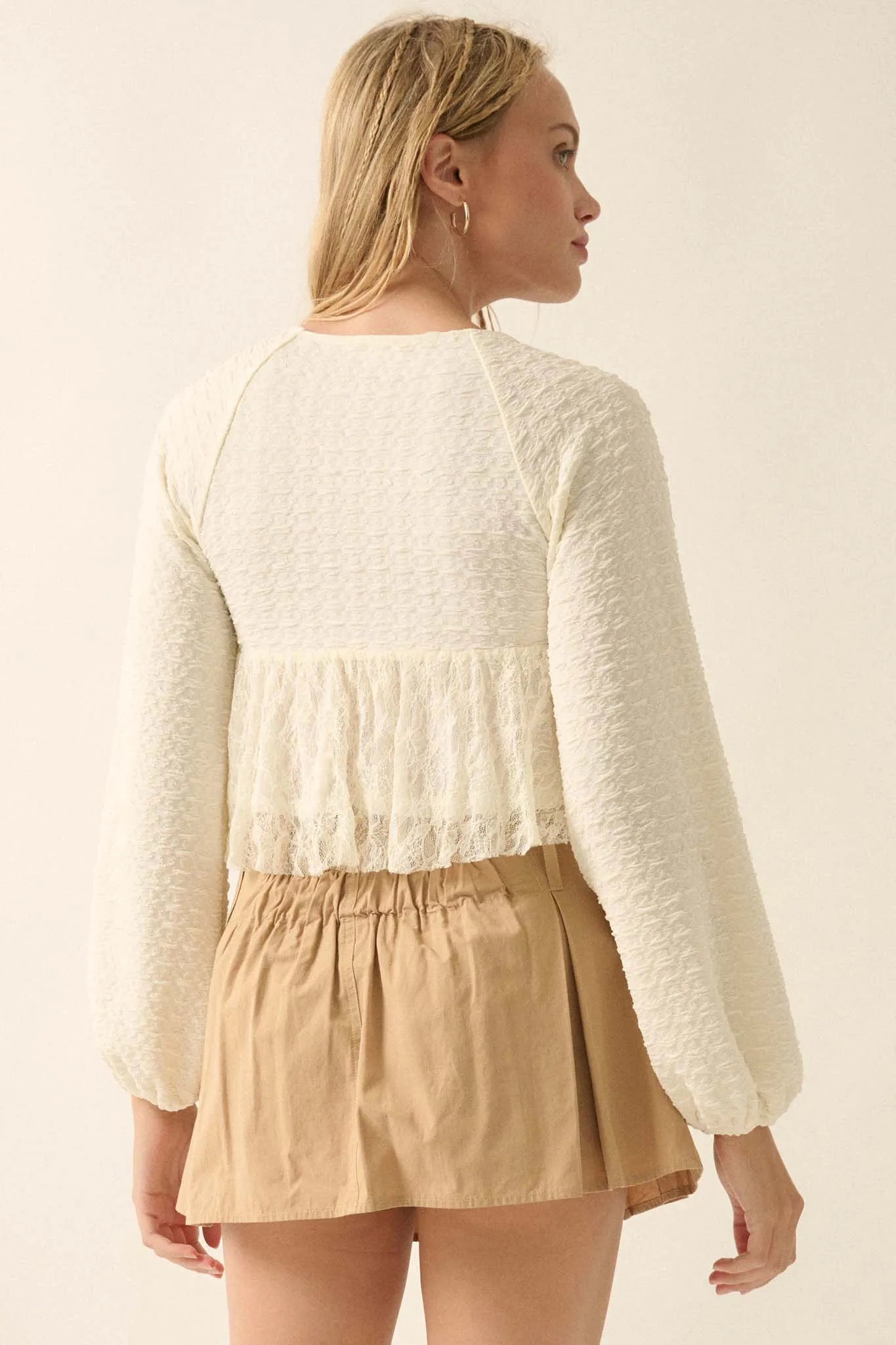 Dream Dolly Lace Ruffle Textured Peasant Top