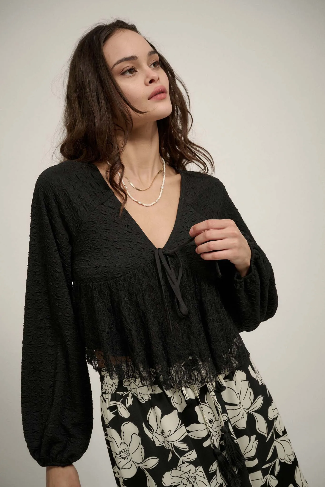 Dream Dolly Lace Ruffle Textured Peasant Top