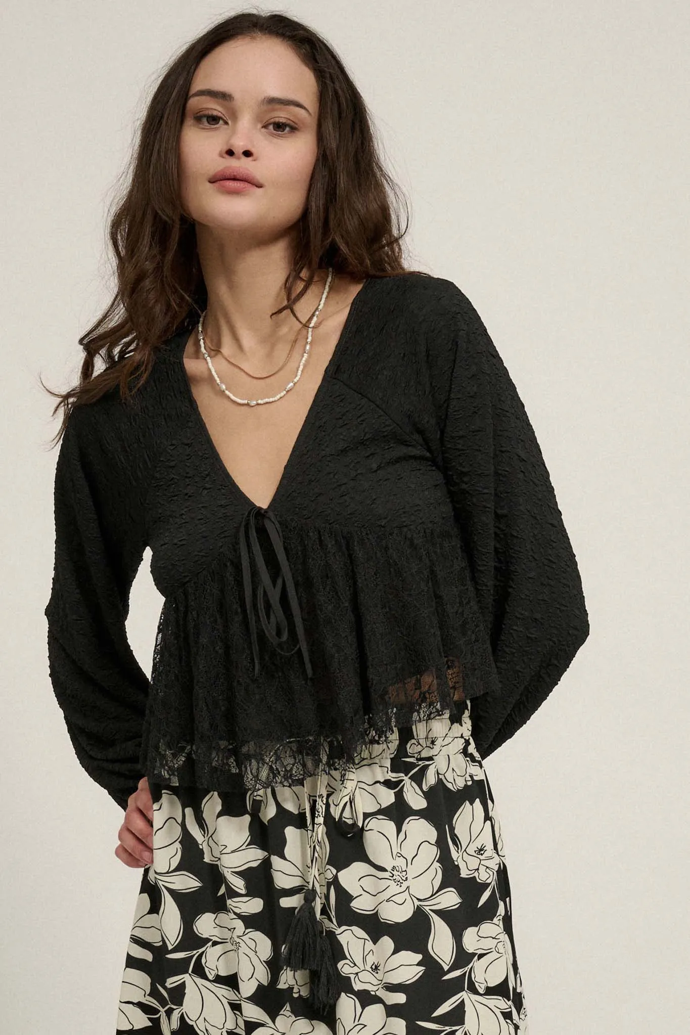 Dream Dolly Lace Ruffle Textured Peasant Top