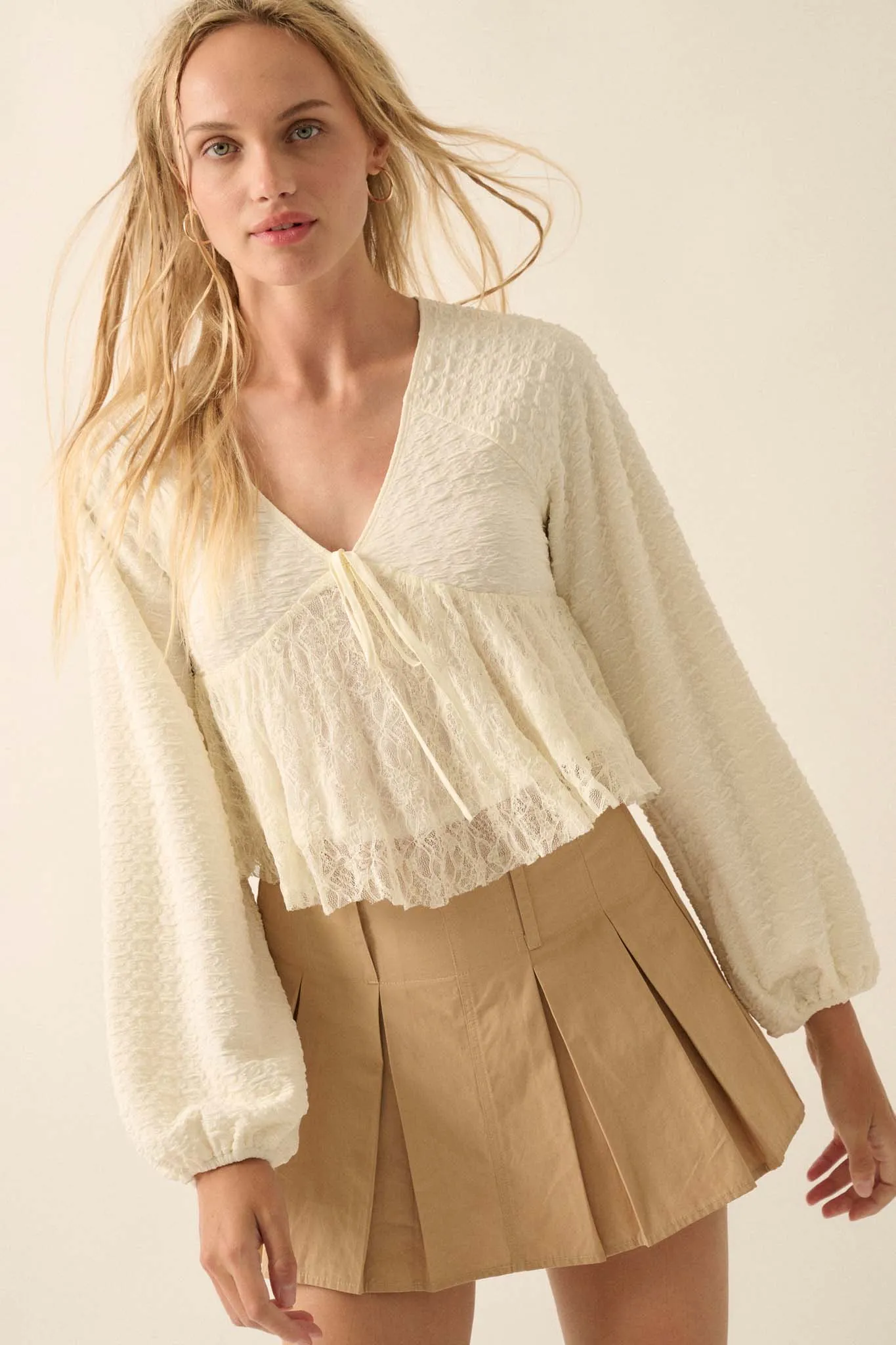 Dream Dolly Lace Ruffle Textured Peasant Top