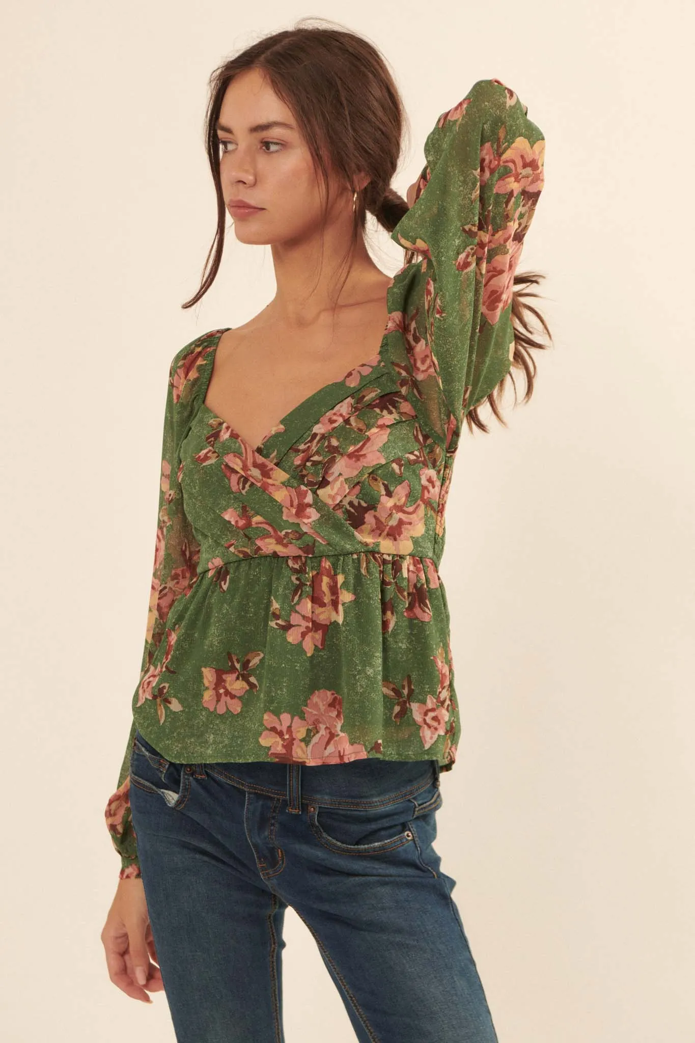 Enchanted Garden Floral Chiffon Peasant Top