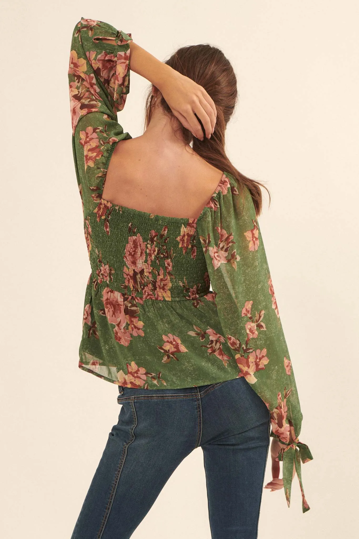 Enchanted Garden Floral Chiffon Peasant Top