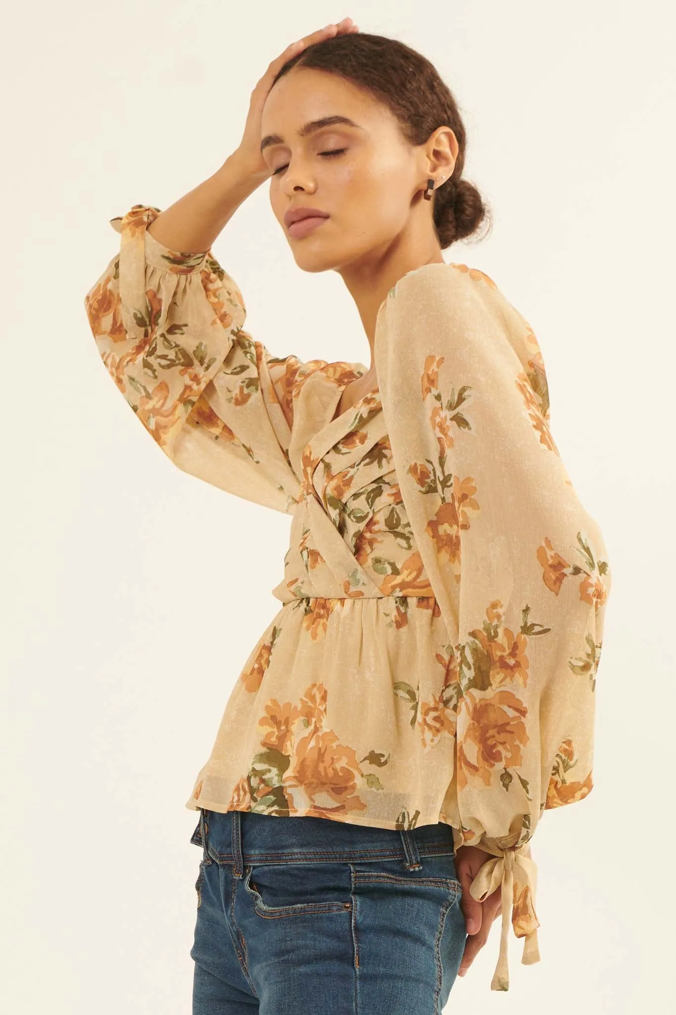 Enchanted Garden Floral Chiffon Peasant Top