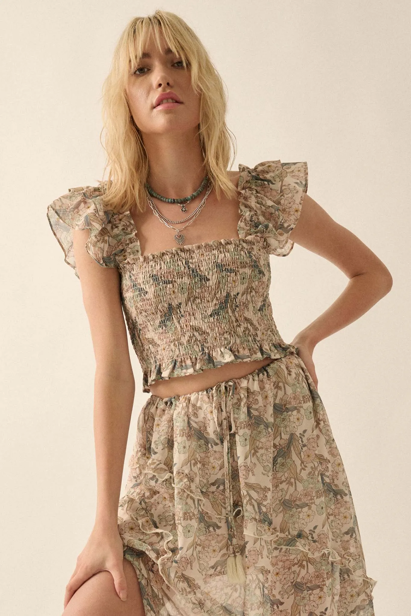 Eternal Allure Smocked Floral Chiffon Ruffle Top