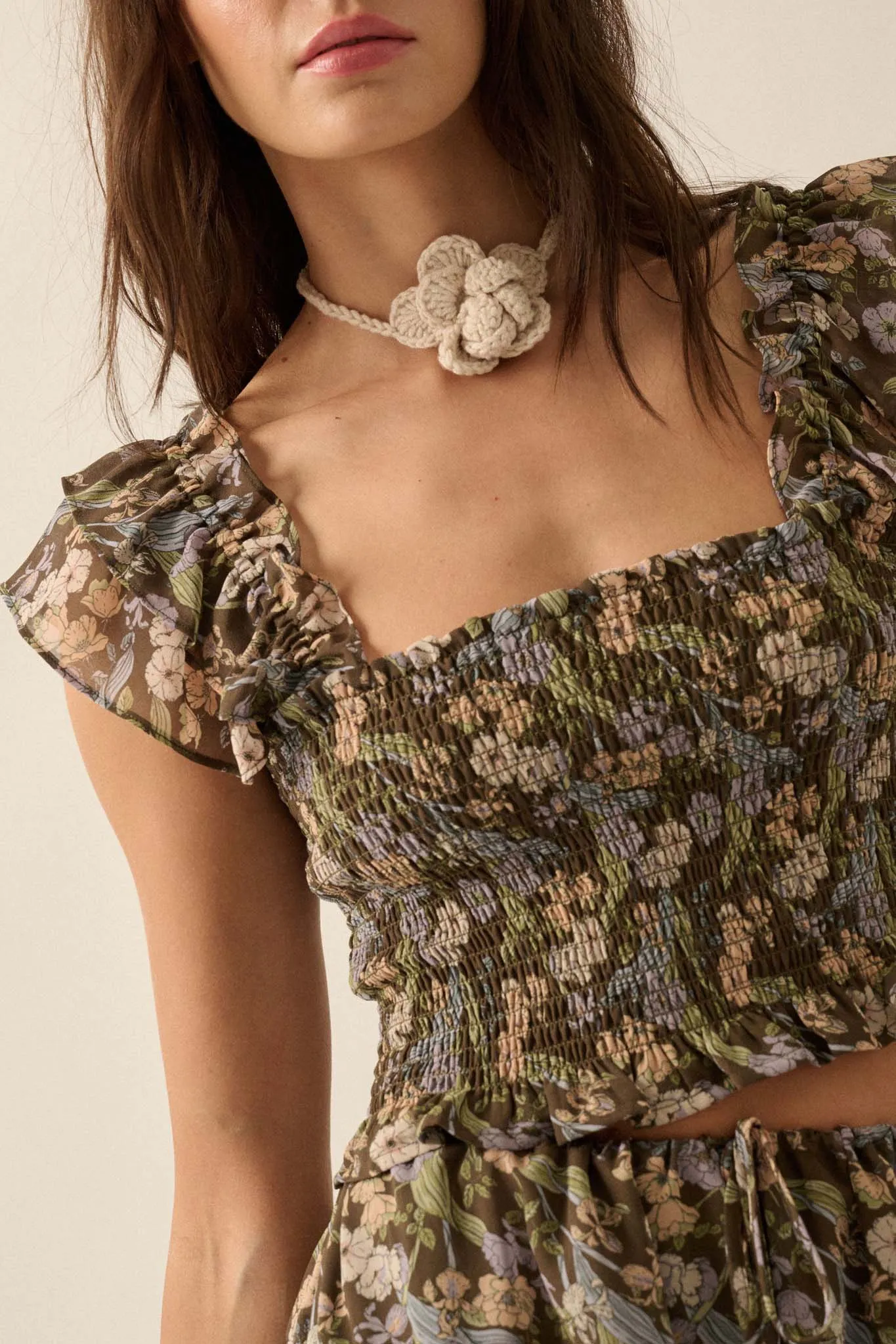 Eternal Allure Smocked Floral Chiffon Ruffle Top