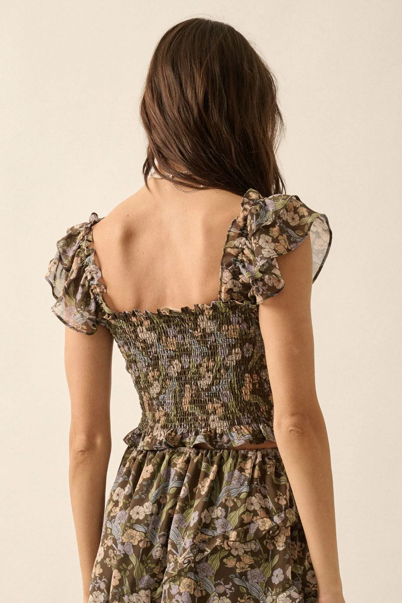 Eternal Allure Smocked Floral Chiffon Ruffle Top