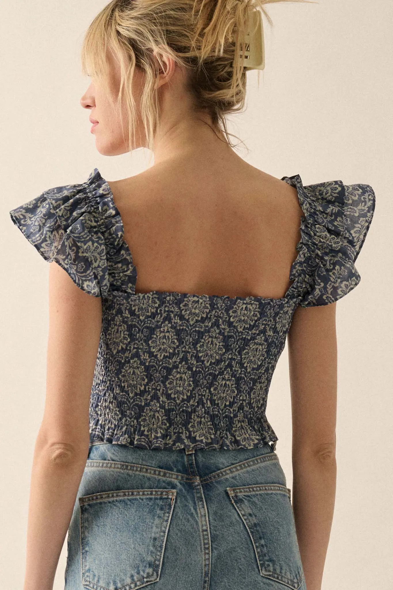 Extravagant Blooms Smocked Floral Ruffle Crop Top