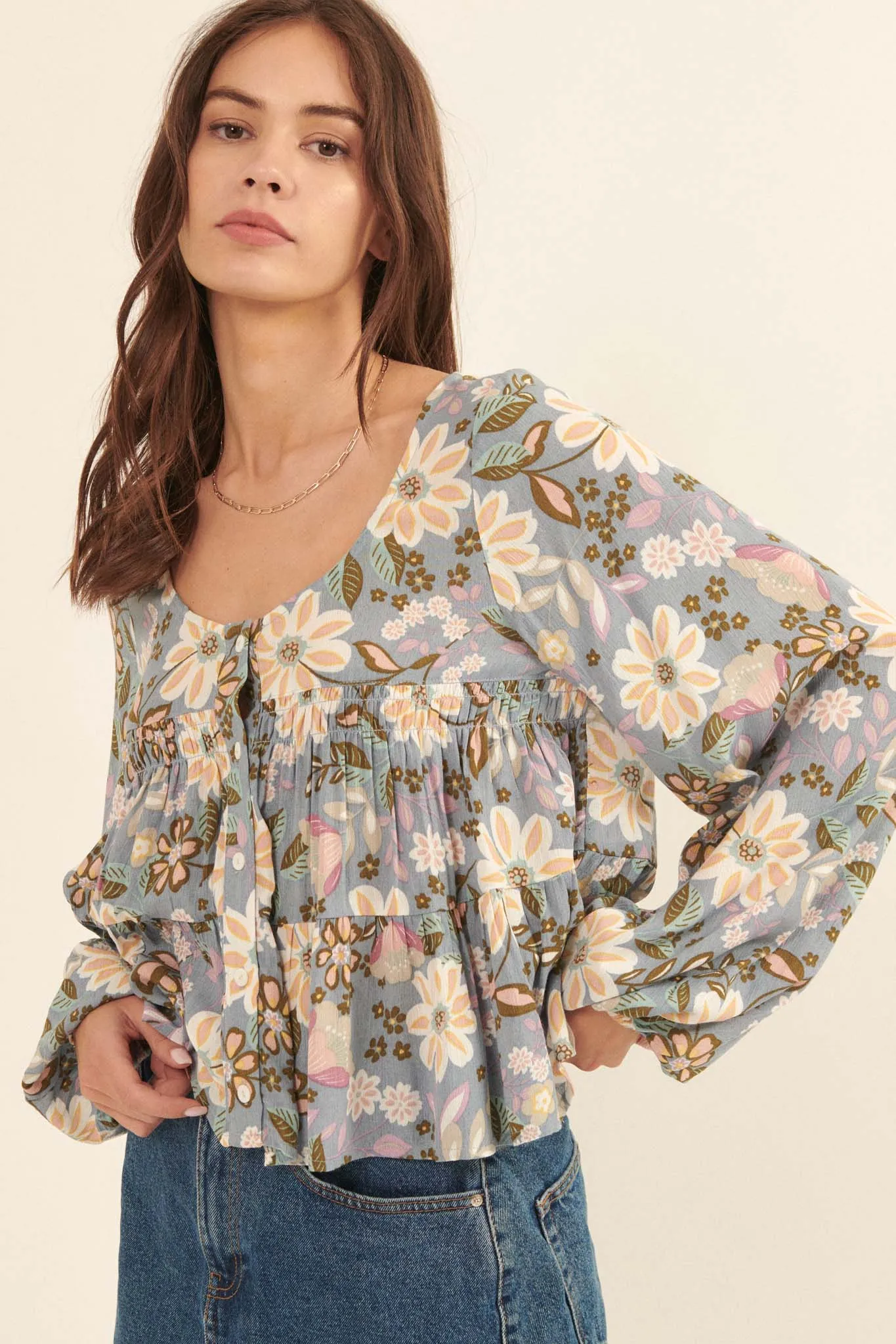 Flashy Flowers Floral Babydoll Peasant Top