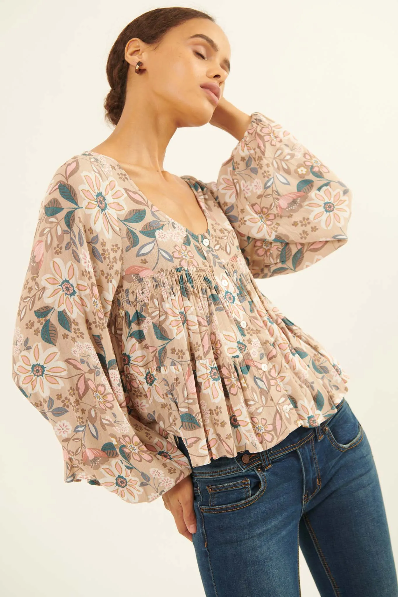 Flashy Flowers Floral Babydoll Peasant Top